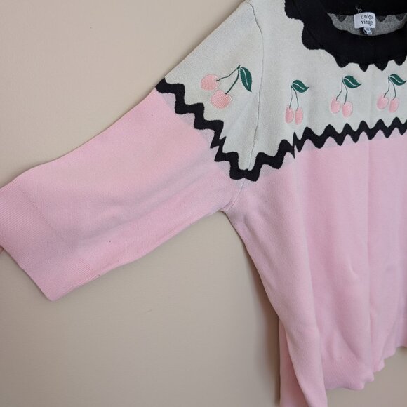 Unique Vintage 3/4 sleeve pink cherries fair isle sweater EUC 4X 5X - Picture 3 of 10